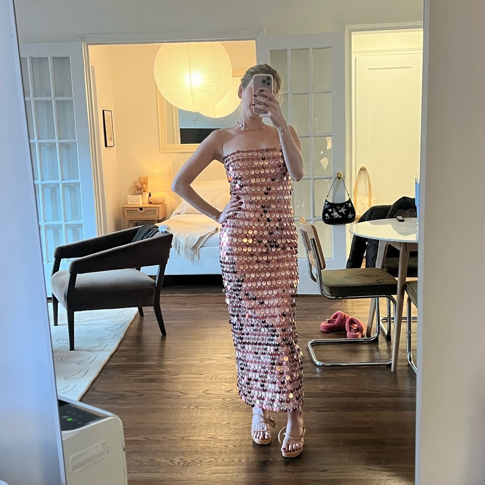 The New Arrivals by Ilkyaz Ozel Pink Sequin Long Phoenix Midi Dress Small/4/38